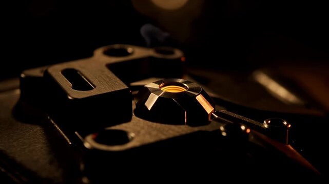 Close up of metal lighter igniting and extinguishing with a brief orange flame in dramatic low light, showing textured surfaces and mechanical details on a dark tabletop