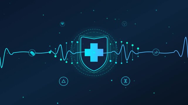 Clean modern flat vector medical concept animation loop featuring pulse line, ECG heart rhythm, cross, DNA helix, and medical icons for healthcare and science.