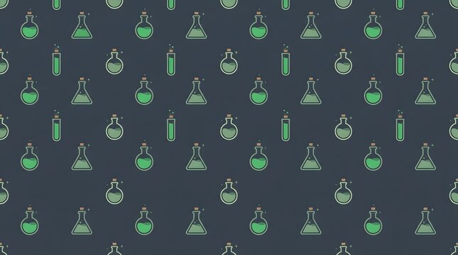 Seamless pattern with green magic potion bottles and test tubes