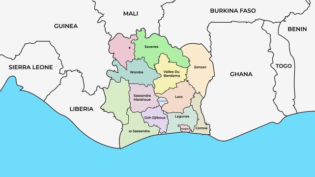 West African Nation Vector Map Of Cote d Ivoire With Regional Boundaries Cities And Capital