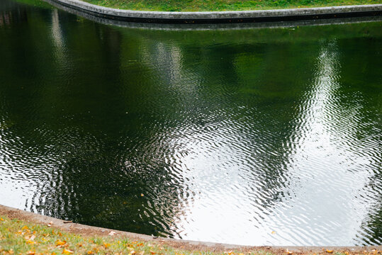 Water ripples across a pond, reflecting trees and sky beside a curved stone border. Fallen leaves dot the ground along the near edge