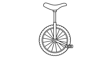 Acrobatic unicycle monocycle featuring a contoured ergonomic saddle, tall seat post, knobby tread tire, and pedal crank, depicted as a bold black outline vector icon for circus riding © KajiIvsharJaan