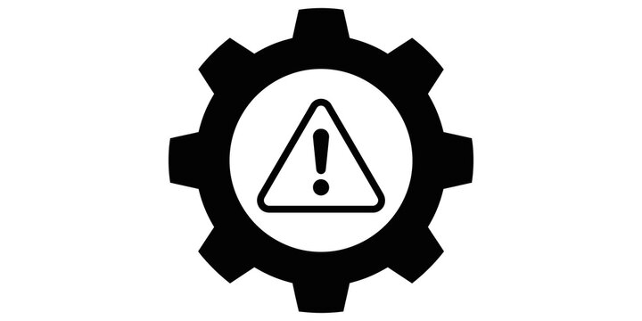 Technical system warning icon with gear wheel and exclamation mark triangle in black.