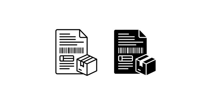 Shipping invoice and cardboard box icons in linear and solid styles for logistics and warehouse management.