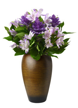 Purple flowers in a brown vase isolated on white or transparent background