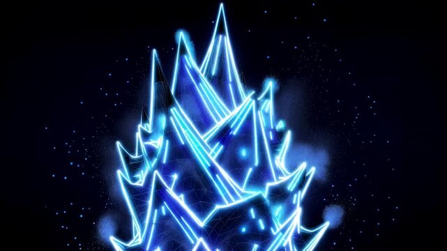 Glowing blue abstract crystalline form shifting and sparkling against a dark background in a futuristic digital animation