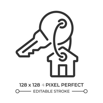 Real estate ownership pixel perfect simple line icon. Key with house shaped keychain. Buying apartment with bank loan. Personal residence. Contour outline pictogram. Minimalist linear vector