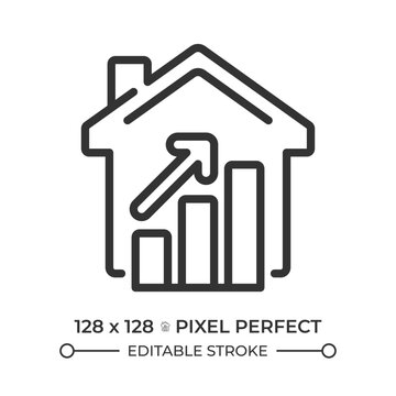 Real estate marketing pixel perfect simple line icon. Property prices growth. House with rising diagram. Increasing costs of living. Contour outline pictogram. Minimalist linear vector