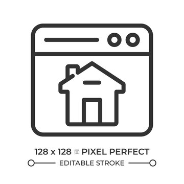Real estate website pixel perfect simple line icon. Property management online. Virtual platform to sell and buy buildings. Rent app. Contour outline pictogram. Minimalist linear vector