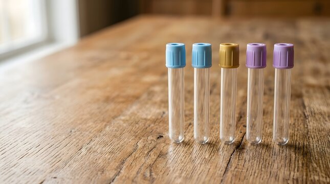 Five medical test tubes with colored caps standing on wooden table