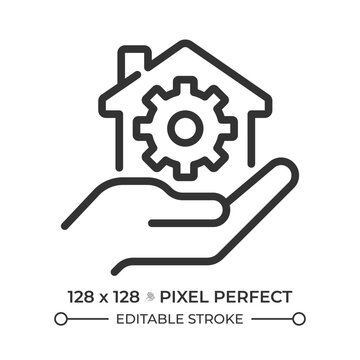 Property management pixel perfect simple line icon. House with cogwheel on palm. Modern engineering solutions. Real estate management. Contour outline pictogram. Minimalist linear vector