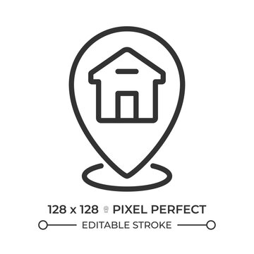 Real estate location pixel perfect simple line icon. Map pin with house. Navigation to home with modern technology. Property management. Contour outline pictogram. Minimalist linear vector