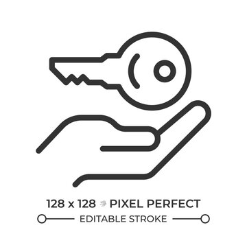 Key handover pixel perfect simple line icon. Formal transfer of property. Apartment ownership celebration. Real estate management. Contour outline pictogram. Minimalist linear vector