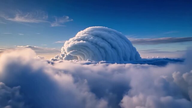 Majestic clouds drift and transform above a glowing sea of vapor as sunlight illuminates towering formations in a surreal atmospheric sky scene