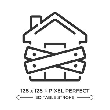 Evictions pixel perfect simple line icon. Legal forced removal of tenant. House with crossed boards. Real estate management. Actions with property. Contour outline pictogram. Minimalist linear vector