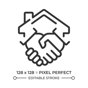 House contract pixel perfect simple line icon. Handshake against sold building. Real estate selling management. Property rental deal. Contour outline pictogram. Minimalist linear vector