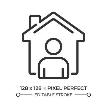 Tenant pixel perfect simple line icon. Person standing near house. Residential property owner. house rental service. Real estate management. Contour outline pictogram. Minimalist linear vector