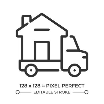 Moving service pixel perfect simple line icon. Truck transporting house. Relocation of apartment building. Real estate management. Contour outline pictogram. Minimalist linear vector