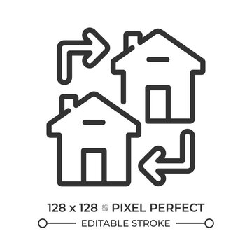Home swap pixel perfect simple line icon. Peer to peer travel arrangement. Apartment exchange without payment service. Real estate management. Contour outline pictogram. Minimalist linear vector