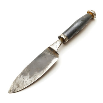 Knife featuring a dark handle and steel blade rests isolated on a transparent background surface.