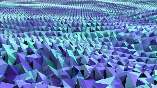 Abstract low poly landscape of blue, purple, and turquoise geometric spikes forming a vast rippling field with shifting perspective in digital animation