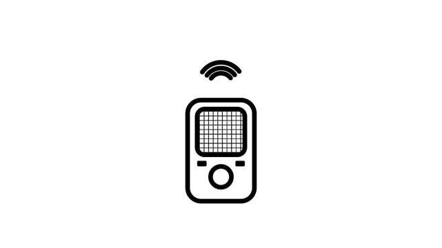 Handheld wireless device with a speaker grille, small button and signal waves above, representing a portable scanner, remote control and IoT gadget