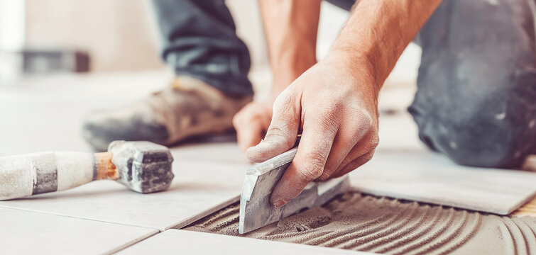 Tile installer spreading adhesive and setting ceramic floor tiles during a home renovation, using a notched trowel by hand