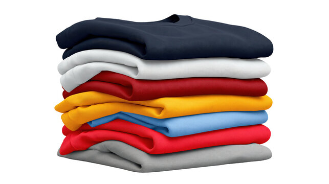Folded T shirt stack with shirts in multiple colors arranged on a transparent background