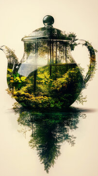 Surreal glass teapot filled with a lush green forest landscape and leaves, casting a reflected tree-like shadow below.Ideal for herbal tea and organic beverage brand websites, eco-friendly lifestyle 