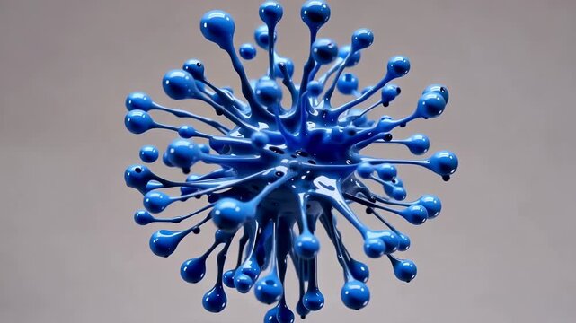 Glossy blue liquid sphere rotating slowly with rounded droplets and branching tendrils against a neutral background, abstract three dimensional fluid sculpture