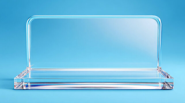 Clear acrylic display stand or glass plate holder resting on a vibrant blue background, serving as a clean product mockup for e-commerce platforms, office supply online stores