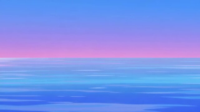 Stylized ocean waves flowing across a calm blue sea beneath a pink and purple glowing horizon, creating a tranquil abstract animated seascape background