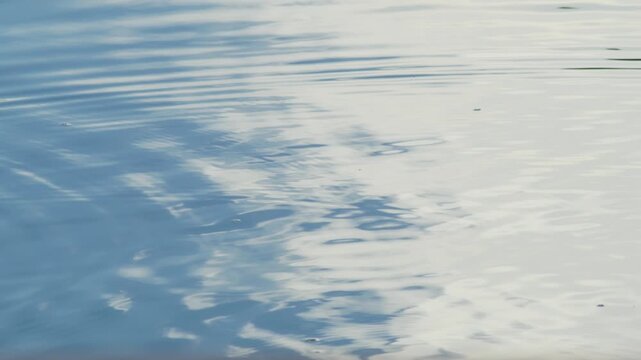 Concentric ripples spreading across vivid blue water with bright white cloud reflections, dynamic abstract water surface background