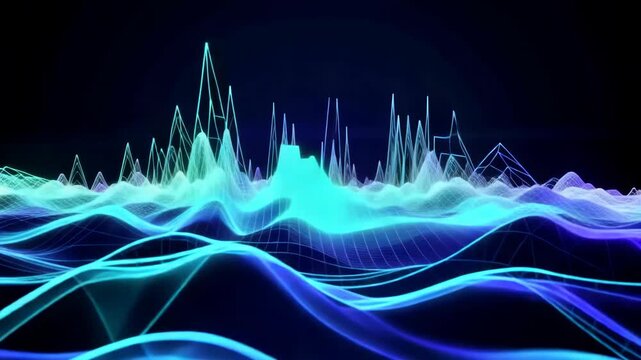 Abstract neon audio waveform landscape with flowing blue and cyan wireframe waves changing across a dark digital space, futuristic data visualization animation