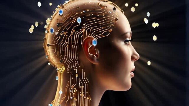 Futuristic digital female profile with glowing circuit patterns and floating geometric lights, transforming through technological animation against a dark radiant background