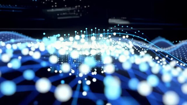 Abstract blue digital waves and glowing particles flow through a dark space, forming dynamic data streams and futuristic technology visualization
