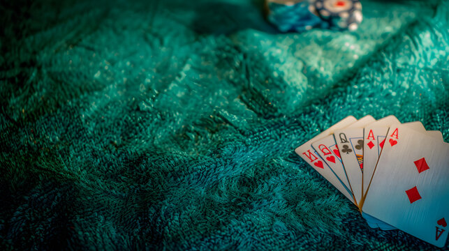 Five playing cards fanned out on a textured green
