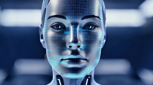 Futuristic humanoid robot with glowing blue eyes turns from side profile to face camera, binary code projected across metallic features in a dark technology setting