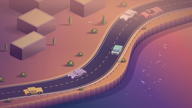 Isometric Coastal Highway and Ocean Drive Traffic at Sunset