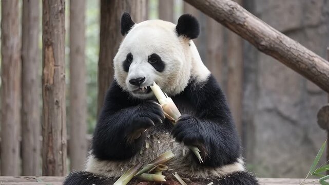 Giant panda eating bamboo in a wooden enclosure
