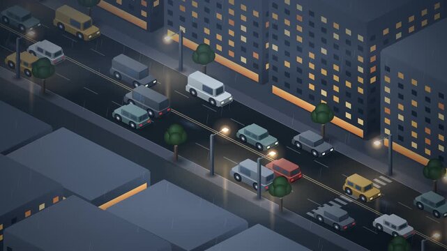 Isometric City Traffic on Rainy Night Avenue with Illuminated Buildings