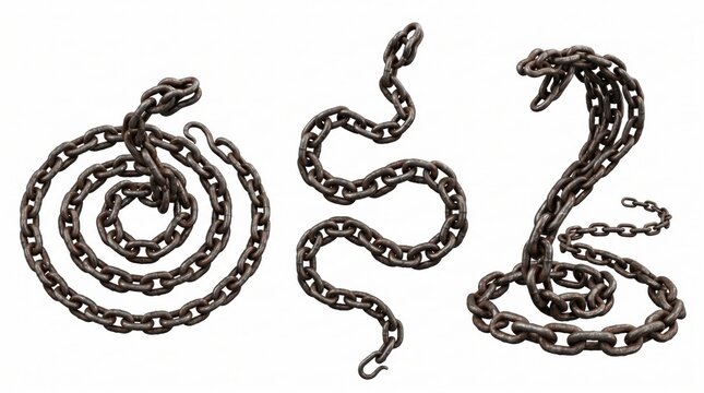 Three snakes made of rusty metal chains, coiled and shaped into reptilian forms against a plain white background