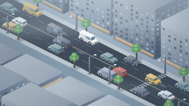 Isometric City Traffic on Rainy Day Avenue with Moving Cars
