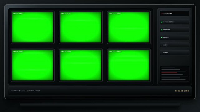 Loop security monitor matrix with 6 channel green screen template and control panel HUD overlay. CCTV security camera wall split screen into 6 green screen chroma key displays mockup