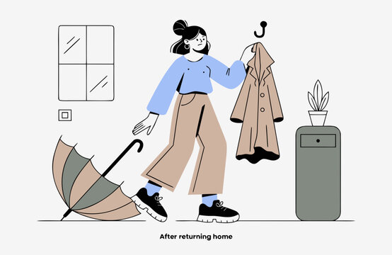 Drying clothes and umbrella after rainy walk illustration with woman hanging wet coat at home and open umbrella on floor
