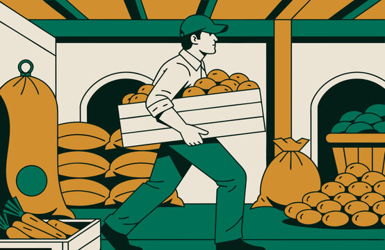 Harvest storage illustration with farmer carrying wooden crate of fresh produce among sacks, vegetables and crops in agricultural warehouse