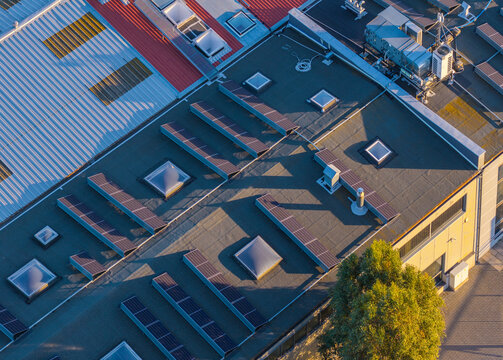 Aerial view of a large industrial building roof featuring multiple skylights and rows of solar panels, with a green tree visible in the corner in Kwidzyn, Pomeranian Voivodeship, Poland.