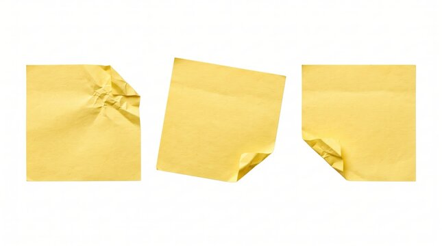 Three square yellow sticky notes with crumpled corners and creased paper textures, isolated on a plain white background