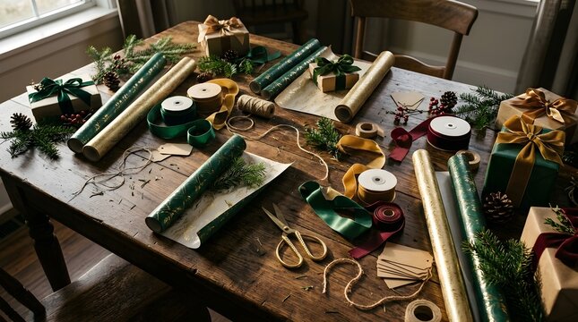 Holiday gift wrapping supplies neatly arranged on a wooden table