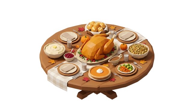 Low-poly 3D illustration of a Thanksgiving dinner table with roast turkey, pumpkin pie, and autumn leaves.